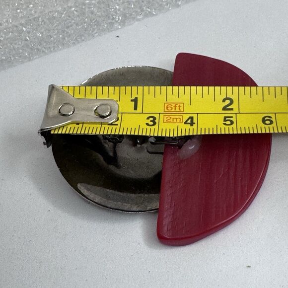 Vintage Red & Silver Geometric Half Circle Clip On Earrings 80’s Style - Picture 3 of 5